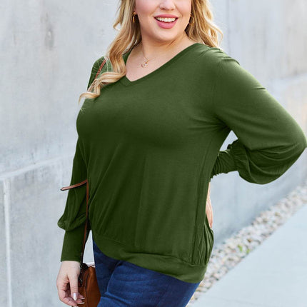 Basic Bae Full Size V-Neck Lantern Sleeve Blouse - MimiStylez