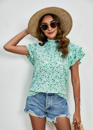 Ditsy Floral Mock Neck Flounce Sleeve Blouse - MimiStylez