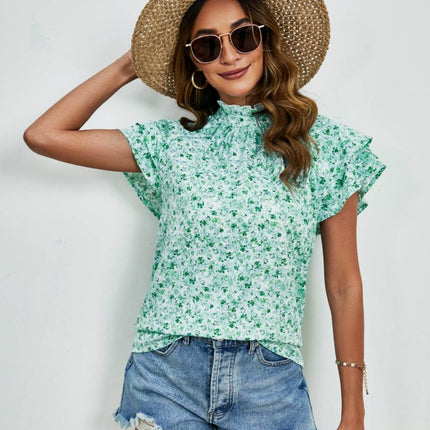 Ditsy Floral Mock Neck Flounce Sleeve Blouse - MimiStylez