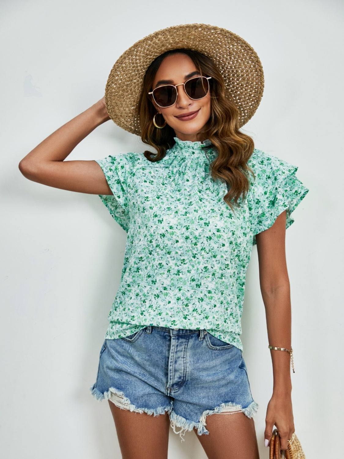 Ditsy Floral Mock Neck Flounce Sleeve Blouse