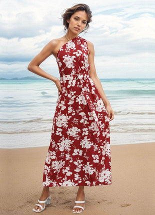 Printed Single Shoulder Sleeveless Dress - MimiStylez