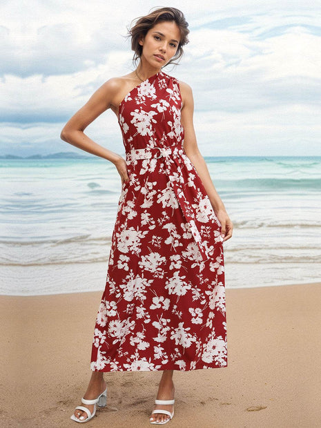 Printed Single Shoulder Sleeveless Dress - MimiStylez