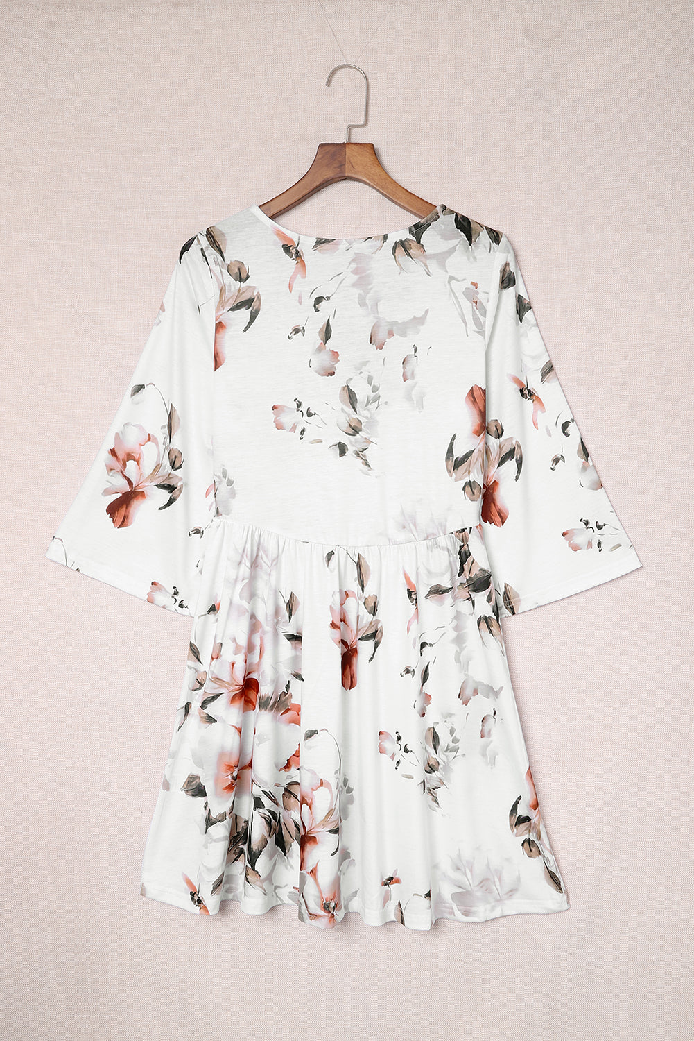 Floral V-Neck Three-Quarter Sleeve Mini Dress