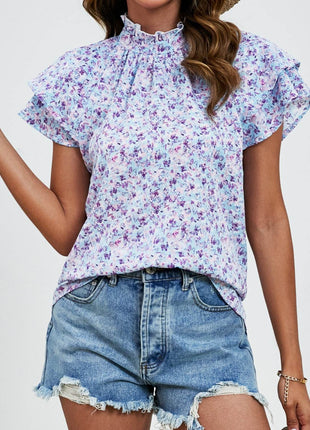 Ditsy Floral Mock Neck Flounce Sleeve Blouse - MimiStylez
