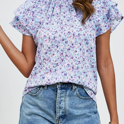 Ditsy Floral Mock Neck Flounce Sleeve Blouse - MimiStylez