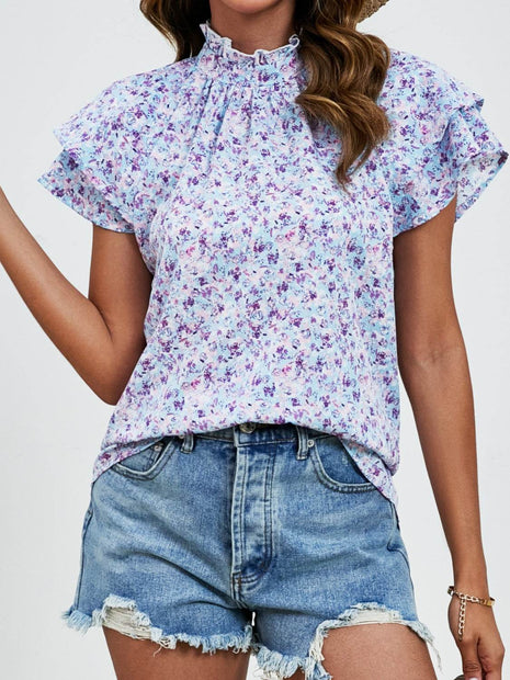 Ditsy Floral Mock Neck Flounce Sleeve Blouse - MimiStylez