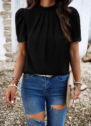 Ruched Mock Neck Short Sleeve Blouse - MimiStylez