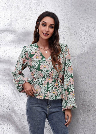 Floral V-Neck Balloon Sleeve Peplum Blouse - MimiStylez