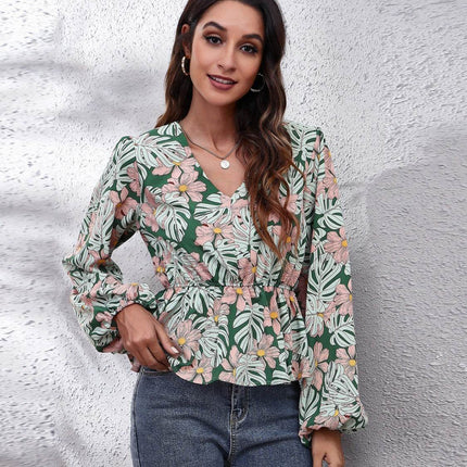 Floral V-Neck Balloon Sleeve Peplum Blouse - MimiStylez