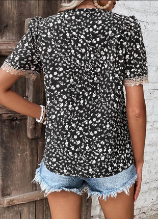 Full Size Printed V-Neck Short Sleeve Blouse - MimiStylez