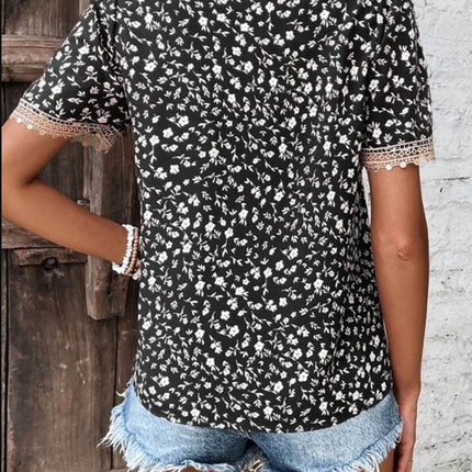 Full Size Printed V-Neck Short Sleeve Blouse - MimiStylez