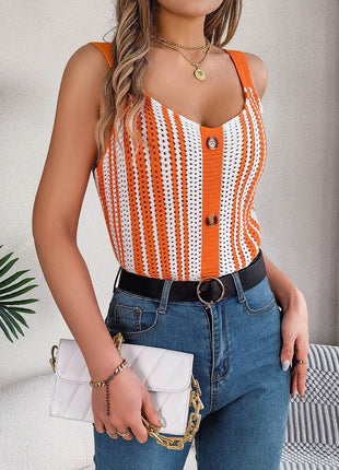 Openwork Striped V-Neck Tank - MimiStylez