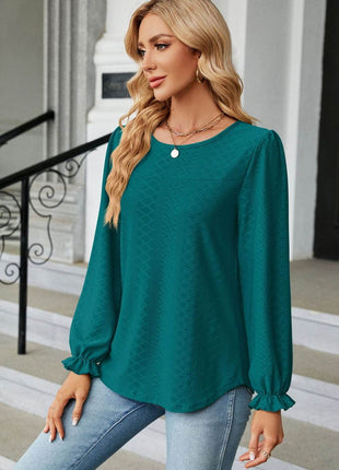Round Neck Flounce Sleeve Blouse - MimiStylez