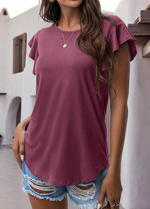 Ruffled Round Neck Cap Sleeve Blouse - MimiStylez