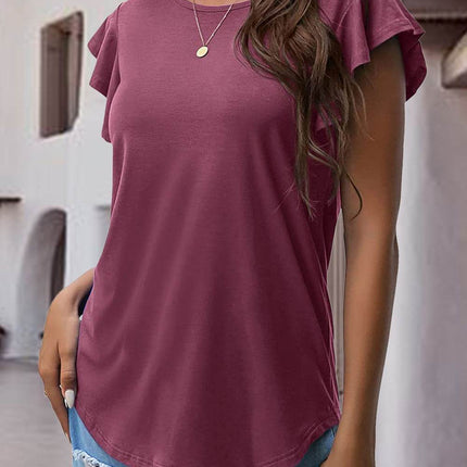 Ruffled Round Neck Cap Sleeve Blouse - MimiStylez