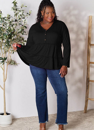 Double Take Half Button Long Sleeve Ruffle Hem Blouse - MimiStylez