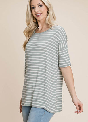 BOMBOM Striped Round Neck T-Shirt - MimiStylez
