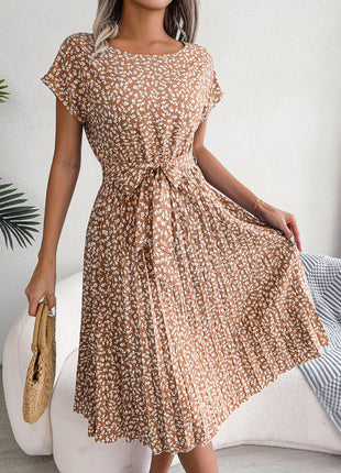 Ditsy Floral Pleated Belted Dress - MimiStylez