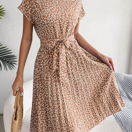 Ditsy Floral Pleated Belted Dress - MimiStylez