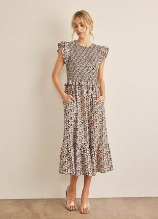 In February Floral Smocked Ruffled Midi Dress - MimiStylez