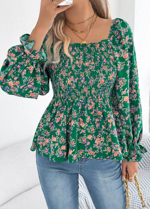 Floral Square Neck Flounce Sleeve Blouse - MimiStylez