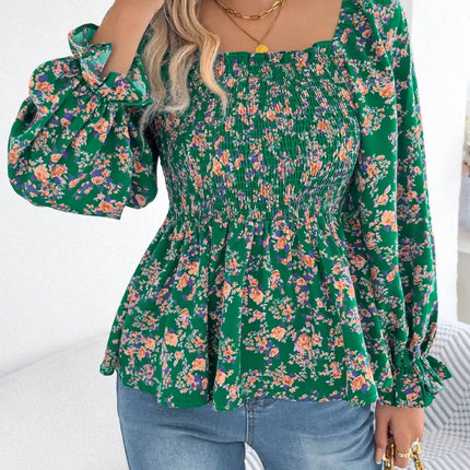 Floral Square Neck Flounce Sleeve Blouse - MimiStylez