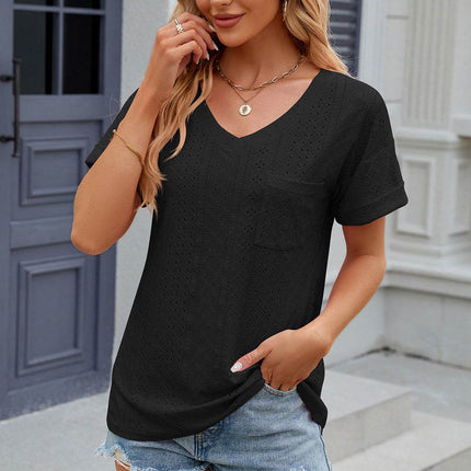 Eyelet V-Neck Short Sleeve T-Shirt - MimiStylez