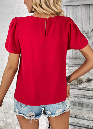 Round Neck Slit Short Sleeve Top - MimiStylez