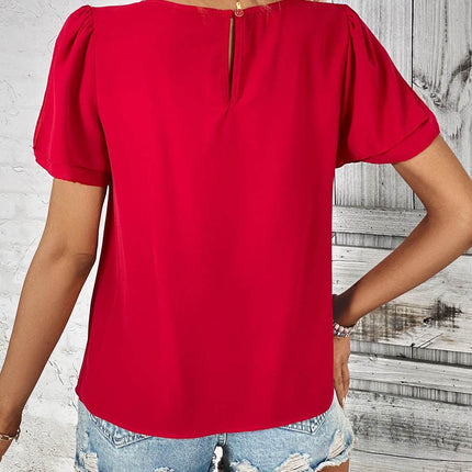 Round Neck Slit Short Sleeve Top - MimiStylez