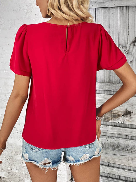 Round Neck Slit Short Sleeve Top - MimiStylez