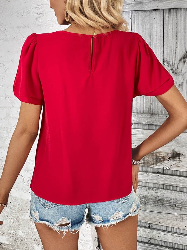Round Neck Slit Short Sleeve Top - MimiStylez