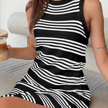 Slit Striped Round Neck Sleeveless Midi Dress - MimiStylez