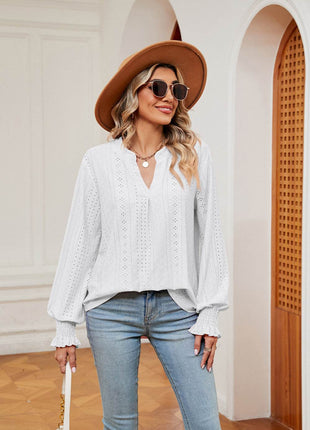 Notched Neck Flounce Sleeve Blouse - MimiStylez