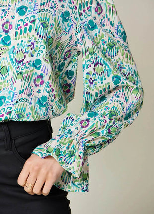 Double Take Full Size Printed Flounce Sleeve Blouse - MimiStylez