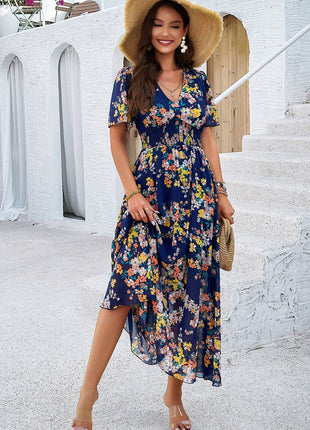 Smocked Floral V-Neck Short Sleeve Dress - MimiStylez