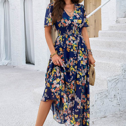 Smocked Floral V-Neck Short Sleeve Dress - MimiStylez