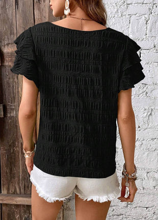 Round Neck Flounce Sleeve Blouse - MimiStylez