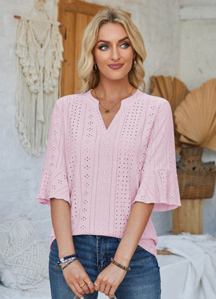 Eyelet Notched Half Sleeve T-Shirt - MimiStylez