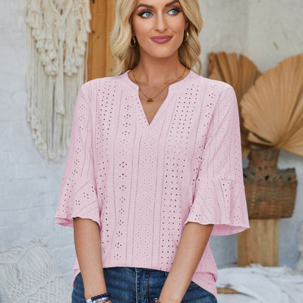 Eyelet Notched Half Sleeve T-Shirt - MimiStylez