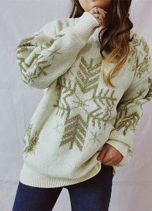 Snowflake Pattern Long Sleeve Sweater - MimiStylez
