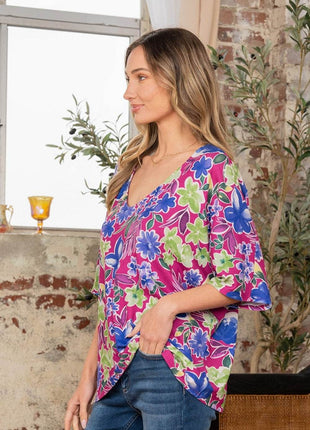 Sew In Love Full Size V-Neck Floral Half Sleeve Top - MimiStylez