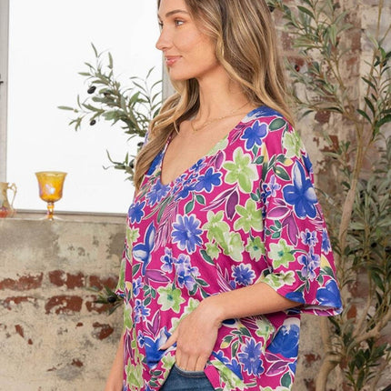 Sew In Love Full Size V-Neck Floral Half Sleeve Top - MimiStylez