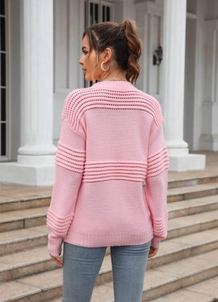 Round Neck Openwork Long Sleeve Pullover Sweater - MimiStylez