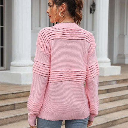 Round Neck Openwork Long Sleeve Pullover Sweater - MimiStylez