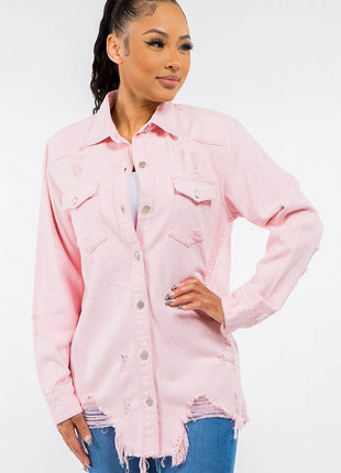 American Bazi Frayed Hem Distressed Denim Jacket - MimiStylez