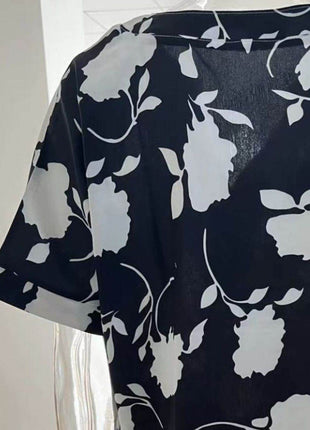 Full Size Printed Notched Short Sleeve Blouse - MimiStylez