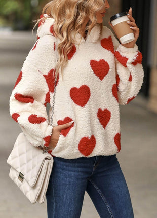Fuzzy Heart Pocketed Dropped Shoulder Hoodie - MimiStylez