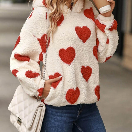 Fuzzy Heart Pocketed Dropped Shoulder Hoodie - MimiStylez