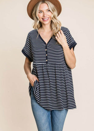 Cotton Bleu by Nu Label Striped Button Front Baby Doll Top - MimiStylez