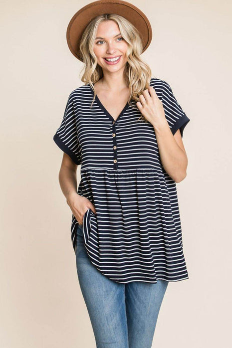 Cotton Bleu by Nu Label Striped Button Front Baby Doll Top - MimiStylez